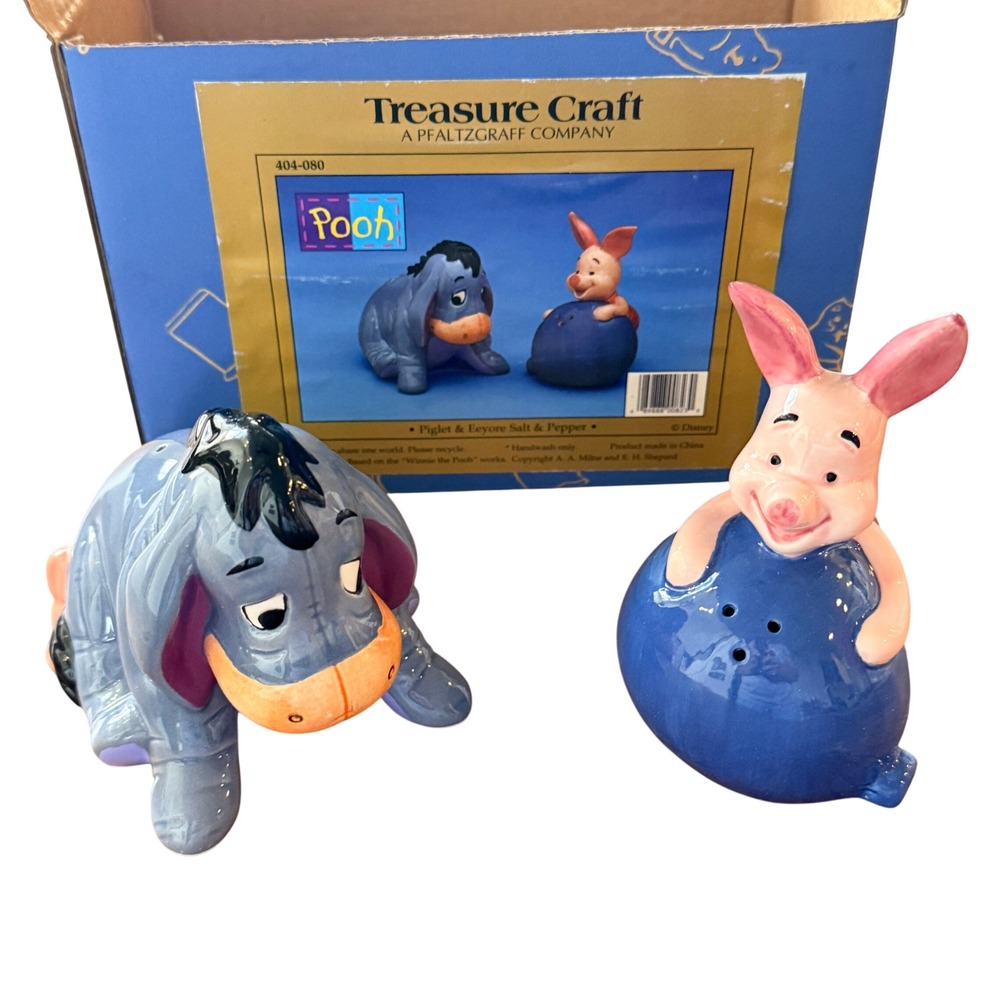 Treasure Craft Winnie the Pooh Piglet Eeyore Salt Pepper Shaker Set Blue Ceramic